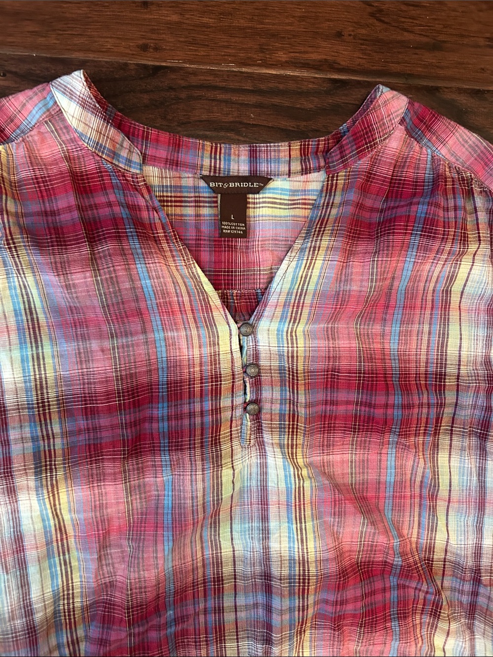 Bit & Bridle Lightweight Pink Plaid Henley Blouse - Picture 2 of 4
